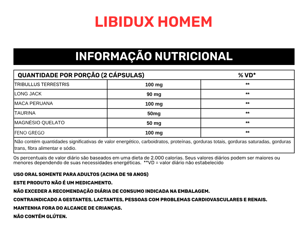 Tabela nutricional Libidux Homem